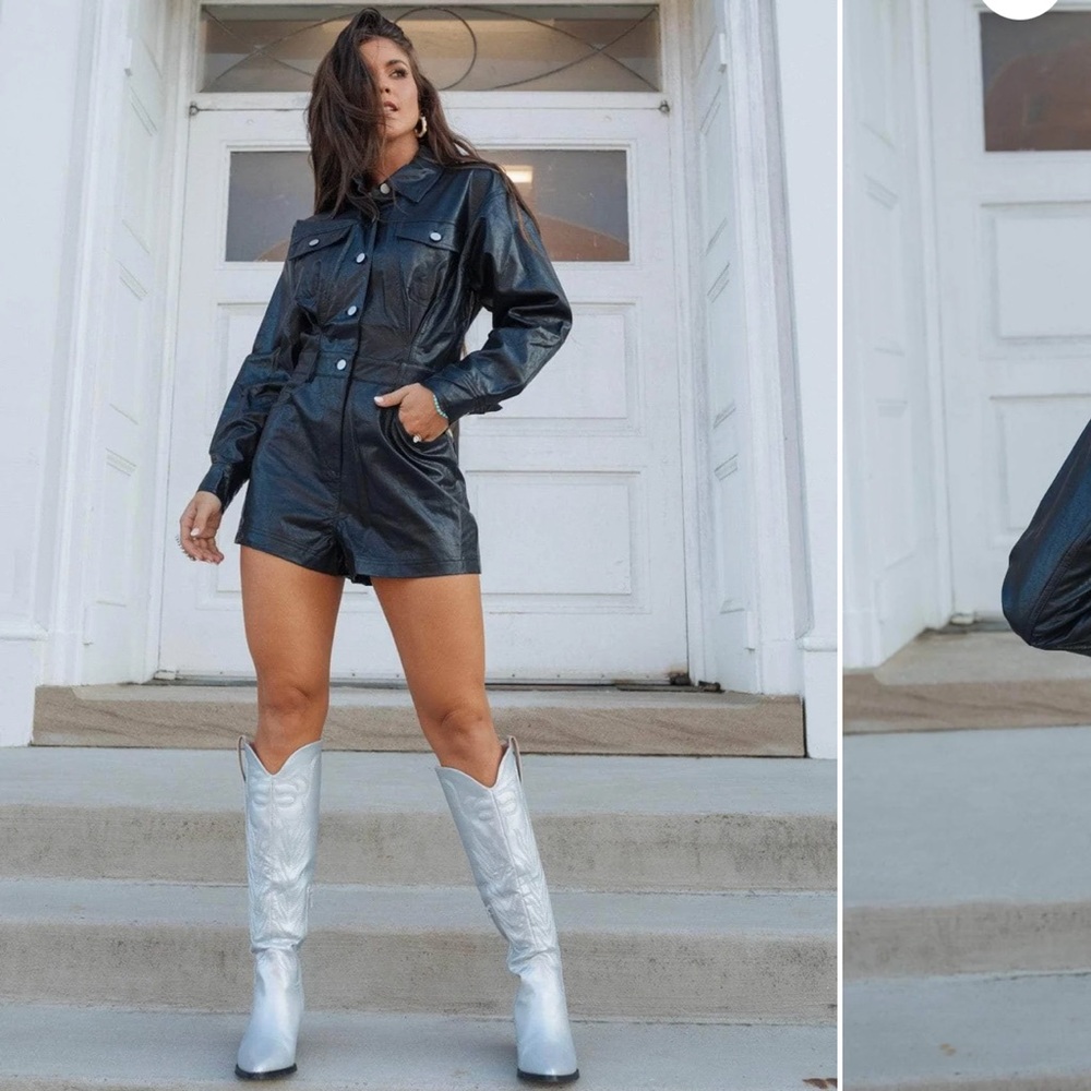 Black Faux Leather Romper with Silver Boots